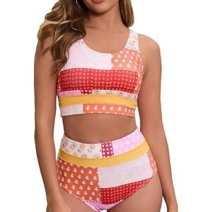 DIPINON Women's Patchwork Print High Waist Two Piece‎ Swimsuit Medium NWT